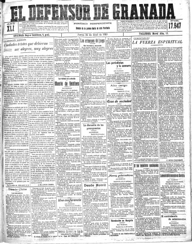 'El Defensor de Granada  : diario político independiente' - Año XLI Número 17947  - 1919 Abril 24