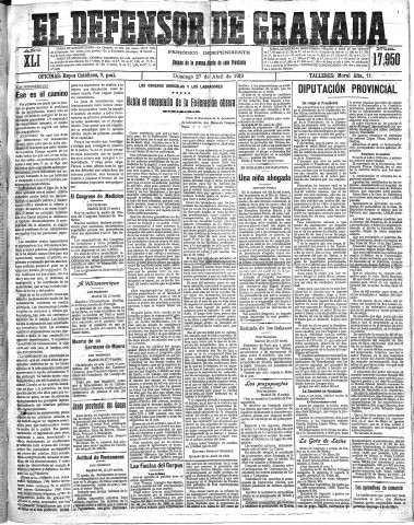 'El Defensor de Granada  : diario político independiente' - Año XLI Número 17950  - 1919 Abril 27