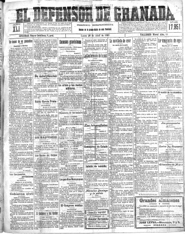 'El Defensor de Granada  : diario político independiente' - Año XLI Número 17951  - 1919 Abril 28