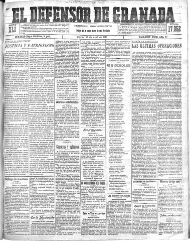 'El Defensor de Granada  : diario político independiente' - Año XLI Número 17952  - 1919 Abril 29