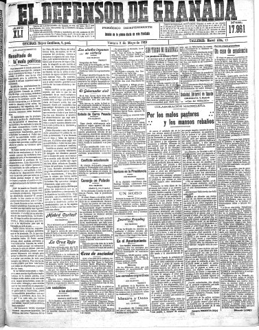 'El Defensor de Granada  : diario político independiente' - Año XLI Número 17961  - 1919 Mayo 09