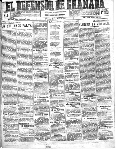 'El Defensor de Granada  : diario político independiente' - Año XLI Número 17963  - 1919 Mayo 11