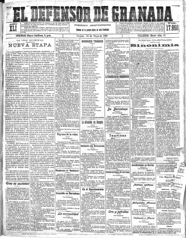 'El Defensor de Granada  : diario político independiente' - Año XLI Número 17968  - 1919 Mayo 16