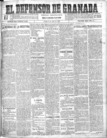 'El Defensor de Granada  : diario político independiente' - Año XLI Número 17986  - 1919 Junio 03