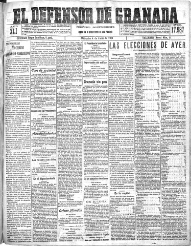 'El Defensor de Granada  : diario político independiente' - Año XLI Número 17987  - 1919 Junio 04