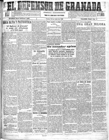 'El Defensor de Granada  : diario político independiente' - Año XLI Número 17995  - 1919 Junio 12