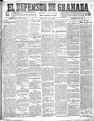 'El Defensor de Granada  : diario político independiente' - Año XLI Número 17997  - 1919 Junio 14