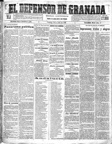 'El Defensor de Granada  : diario político independiente' - Año XLI Número 17998  - 1919 Junio 15