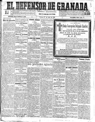 'El Defensor de Granada  : diario político independiente' - Año XLI Número 18009  - 1919 Junio 27