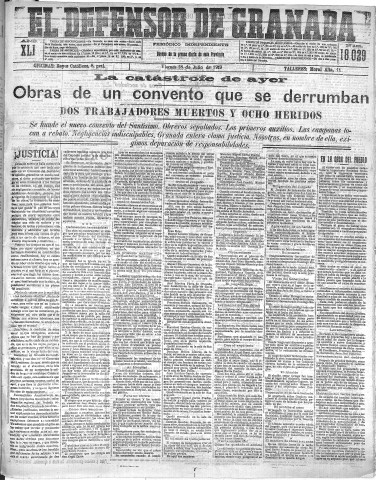 'El Defensor de Granada  : diario político independiente' - Año XLI Número 18029  - 1919 Julio 18