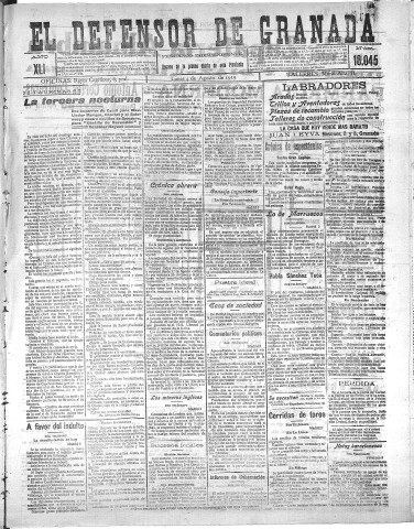 'El Defensor de Granada  : diario político independiente' - Año XLI Número 18045  - 1919 Agosto 04