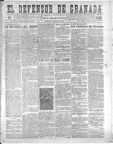 'El Defensor de Granada  : diario político independiente' - Año XLI Número 18047  - 1919 Agosto 06