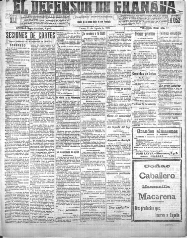 'El Defensor de Granada  : diario político independiente' - Año XLI Número 18052  - 1919 Agosto 11