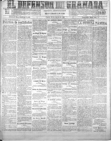 'El Defensor de Granada  : diario político independiente' - Año XLI Número 18057  - 1919 Agosto 16