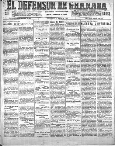 'El Defensor de Granada  : diario político independiente' - Año XLI Número 18058  - 1919 Agosto 17
