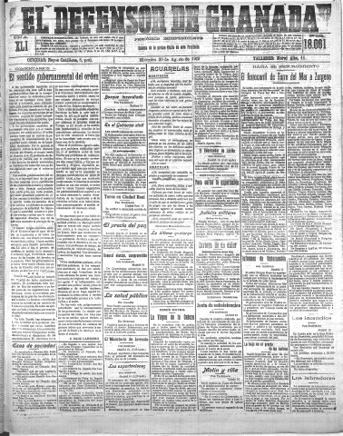 'El Defensor de Granada  : diario político independiente' - Año XLI Número 18061  - 1919 Agosto 20