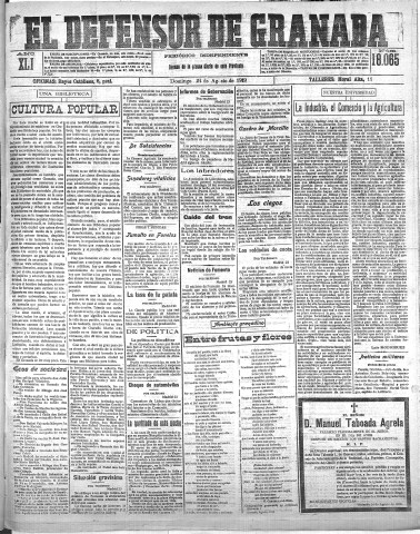 'El Defensor de Granada  : diario político independiente' - Año XLI Número 18065  - 1919 Agosto 24