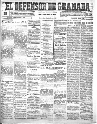 'El Defensor de Granada  : diario político independiente' - Año XLI Número 18074  - 1919 Septiembre 02