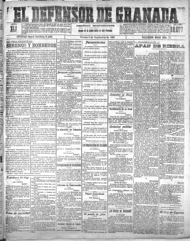 'El Defensor de Granada  : diario político independiente' - Año XLI Número 18077  - 1919 Septiembre 05