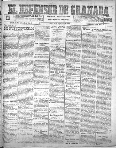 'El Defensor de Granada  : diario político independiente' - Año XLI Número 18078  - 1919 Septiembre 06