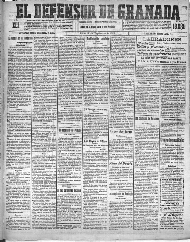 'El Defensor de Granada  : diario político independiente' - Año XLI Número 18080  - 1919 Septiembre 08
