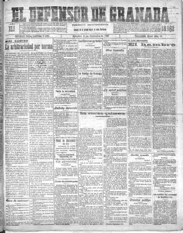 'El Defensor de Granada  : diario político independiente' - Año XLI Número 18082  - 1919 Septiembre 10