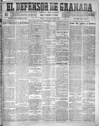 'El Defensor de Granada  : diario político independiente' - Año XLI Número 18085  - 1919 Septiembre 13