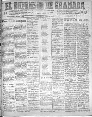 'El Defensor de Granada  : diario político independiente' - Año XLI Número 18086  - 1919 Septiembre 14