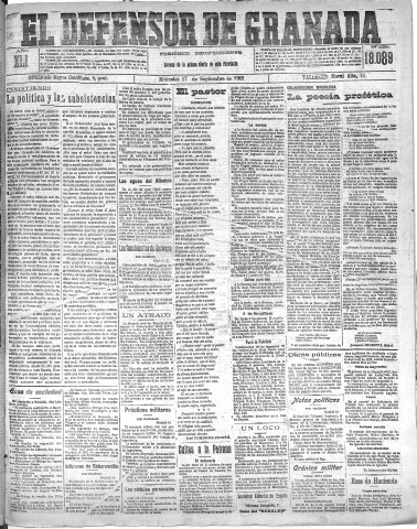 'El Defensor de Granada  : diario político independiente' - Año XLI Número 18089  - 1919 Septiembre 17