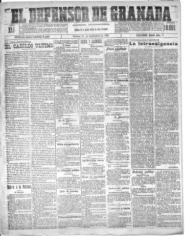 'El Defensor de Granada  : diario político independiente' - Año XLI Número 18091  - 1919 Septiembre 19