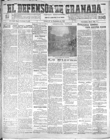'El Defensor de Granada  : diario político independiente' - Año XLI Número 18949  - 1919 Septiembre 27