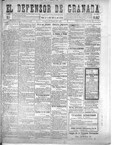 'El Defensor de Granada  : diario político independiente' - Año XLI Número 18957  - 1919 Octubre 06