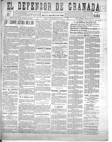 'El Defensor de Granada  : diario político independiente' - Año XLI Número 18964  - 1919 Octubre 13