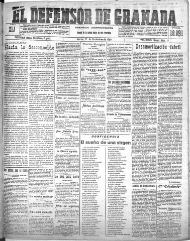 'El Defensor de Granada  : diario político independiente' - Año XLI Número 18991  - 1919 Noviembre 11