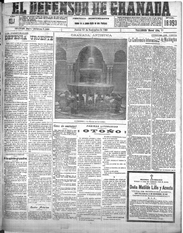 'El Defensor de Granada  : diario político independiente' - Año XLI Número 18993  - 1919 Noviembre 13