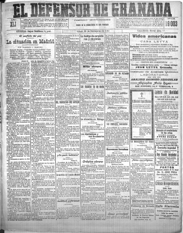 'El Defensor de Granada  : diario político independiente' - Año XLI Número 19003  - 1919 Noviembre 24