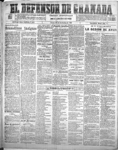 'El Defensor de Granada  : diario político independiente' - Año XLI Número 19006  - 1919 Noviembre 27