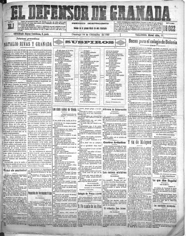 'El Defensor de Granada  : diario político independiente' - Año XLI Número 19022  - 1919 Diciembre 14