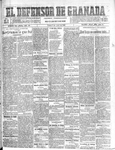 'El Defensor de Granada  : diario político independiente' - Año XLII Número 19221  - 1920 Abril 09