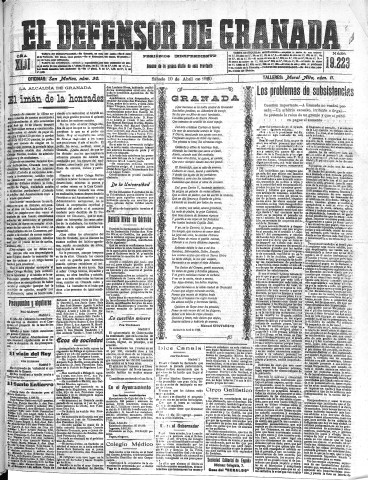 'El Defensor de Granada  : diario político independiente' - Año XLII Número 19222  - 1920 Abril 10