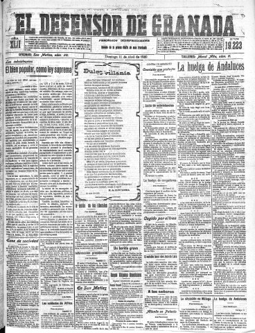 'El Defensor de Granada  : diario político independiente' - Año XLII Número 19223  - 1920 Abril 11