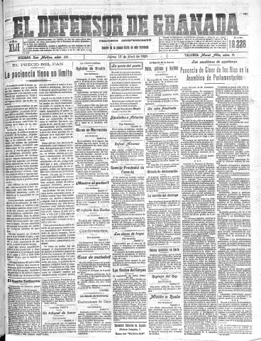 'El Defensor de Granada  : diario político independiente' - Año XLII Número 19226  - 1920 Abril 15