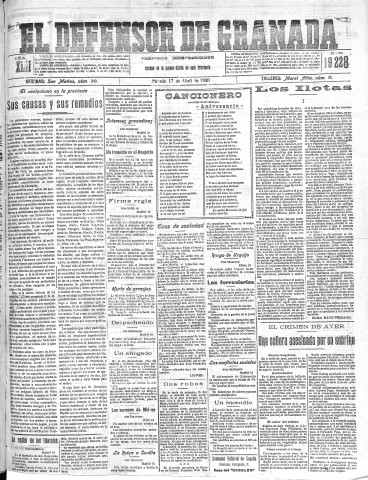 'El Defensor de Granada  : diario político independiente' - Año XLII Número 19228  - 1920 Abril 17