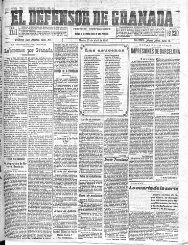 'El Defensor de Granada  : diario político independiente' - Año XLII Número 19230  - 1920 Abril 20