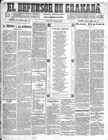 'El Defensor de Granada  : diario político independiente' - Año XLII Número 19232  - 1920 Abril 22
