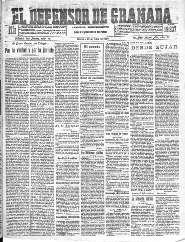 'El Defensor de Granada  : diario político independiente' - Año XLII Número 19237  - 1920 Abril 28