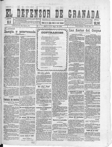 'El Defensor de Granada  : diario político independiente' - Año XLII Número 19241  - 1920 Mayo 04