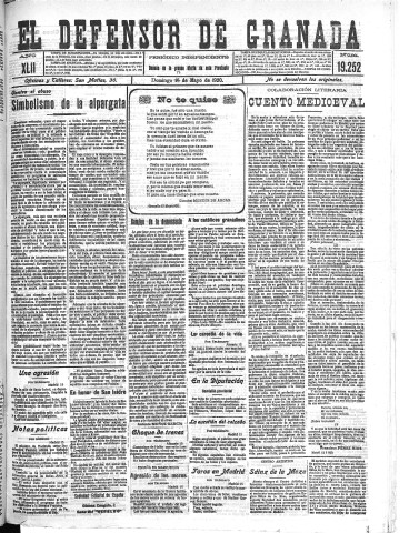 'El Defensor de Granada  : diario político independiente' - Año XLII Número 19252  - 1920 Mayo 16