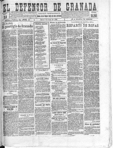 'El Defensor de Granada  : diario político independiente' - Año XLII Número 19265  - 1920 Junio 01