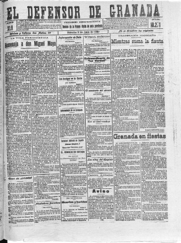 'El Defensor de Granada  : diario político independiente' - Año XLII Número 19271  - 1920 Junio 09